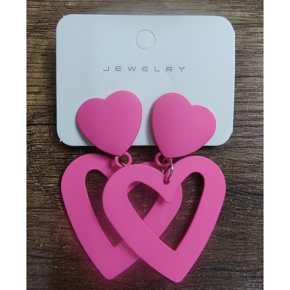 Double Heart Earrings Dangling Heart Drop Pierced Earrings Love Fluorescent Pink
